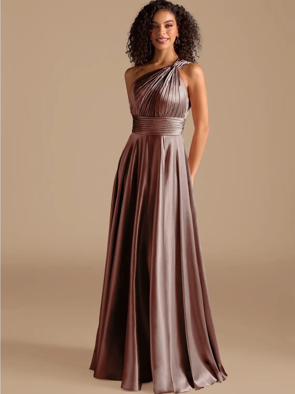 Azazie One-Shoulder Satin Gown - Taupe Brown